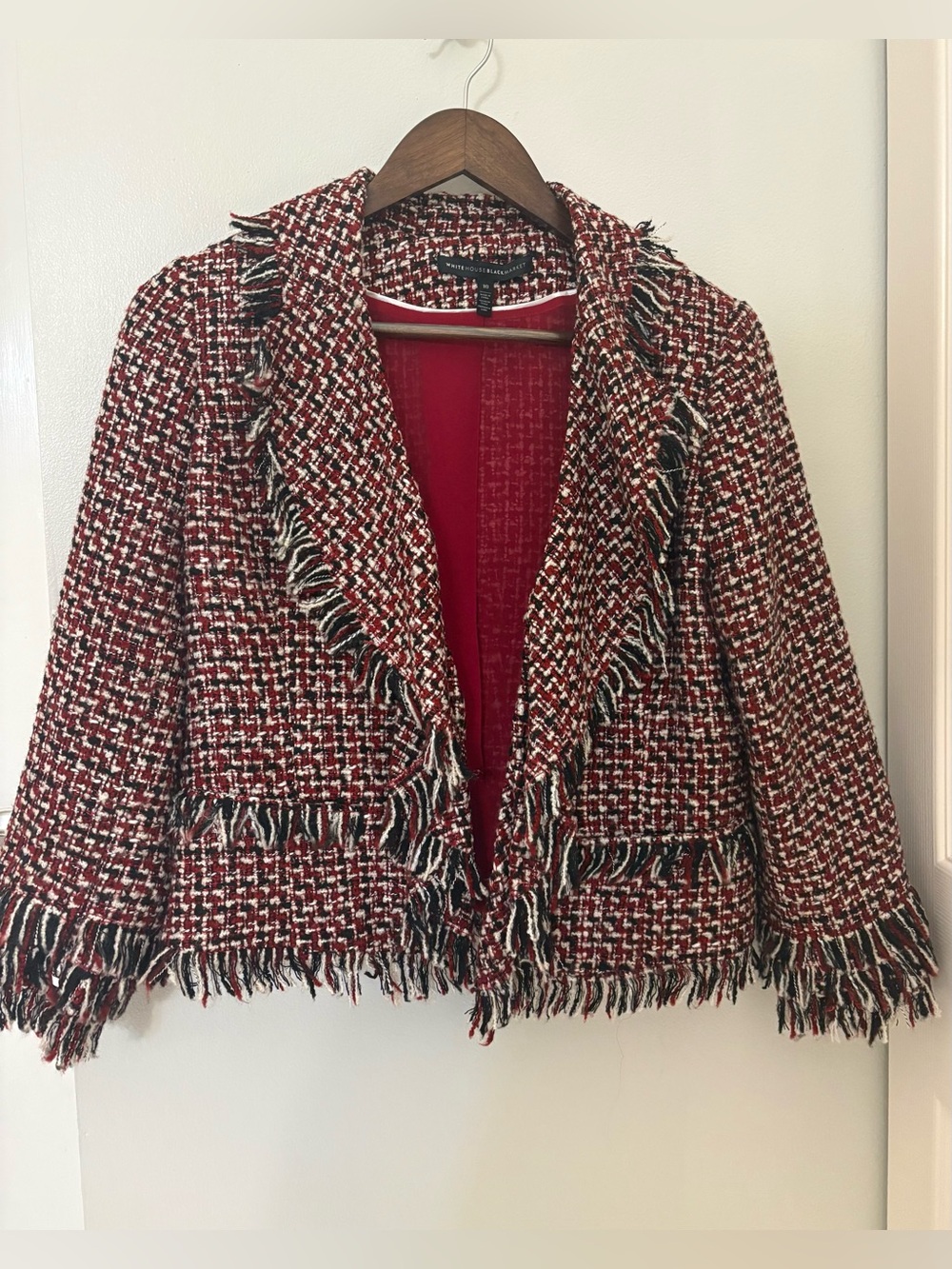 White House Black Market Red and Black Tweed Fringed Jacket Blazer Size:10